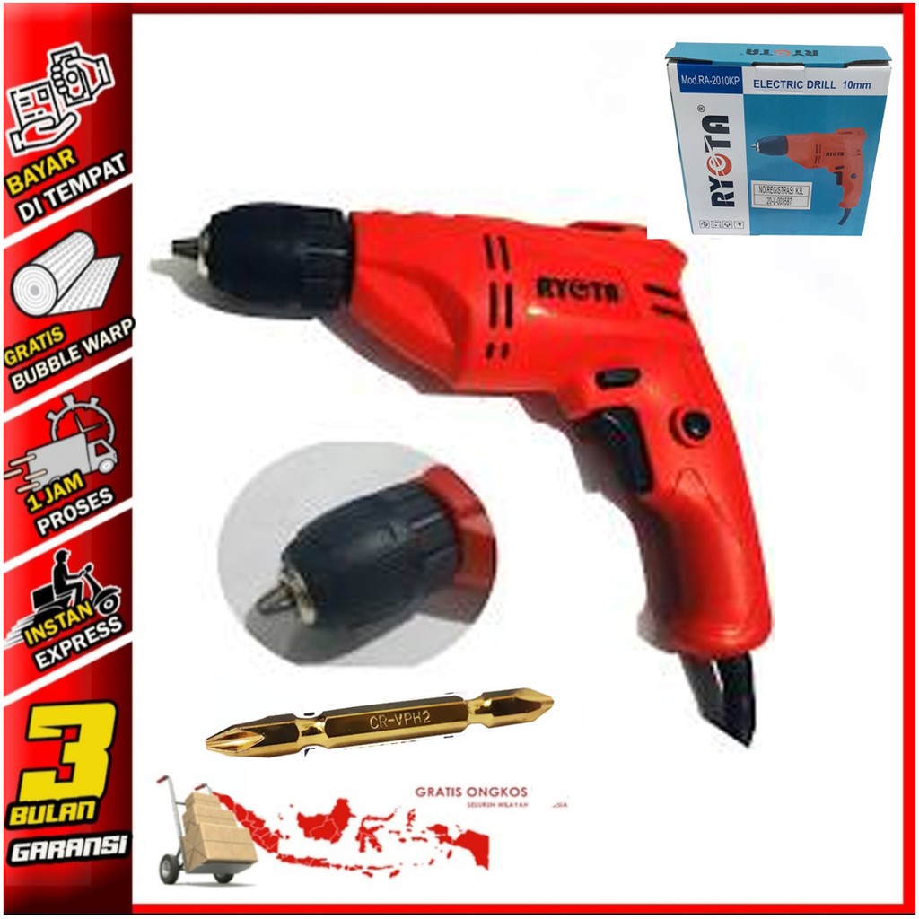 Ryota Mesin Bor Keyless Tangan Listrik 10mm Balok Balik RA-2010KP Free 1x Bor Obeng PH2x65mm