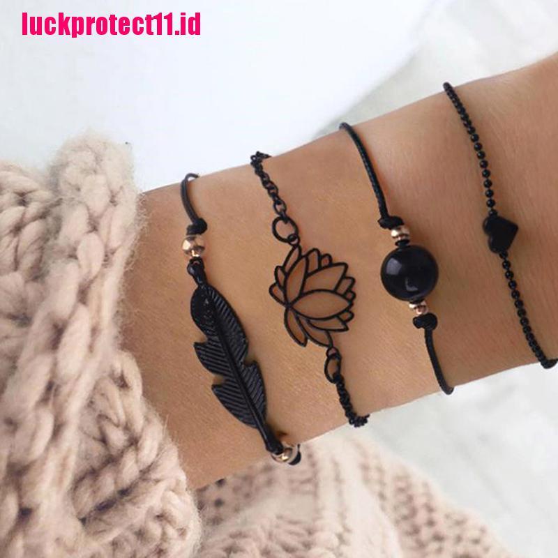 (LUCK) 4pcs / set Gelang Tangan Rantai Aksen Bulu / Lotus Warna Hitam Gaya Boho Untuk Wanita