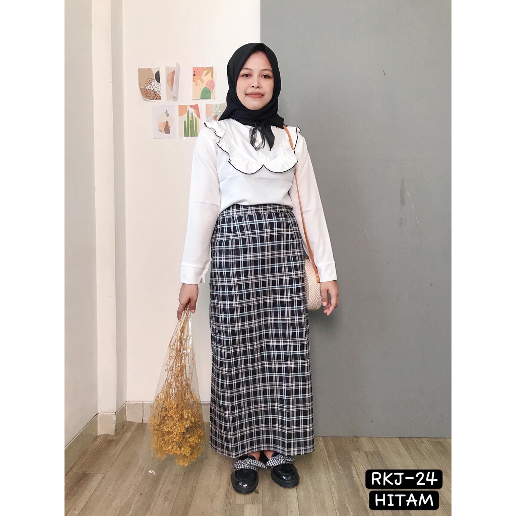MAJOMER ® | ISHAK TARTAN LONG SKIRT - ROK PANJANG SEMI SPAN-RKJ-24 HITAM