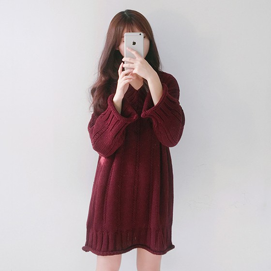 Dress Midi V-Neck Lengan Panjang Model Longgar Warna Polos Gaya Korea untuk Wanita