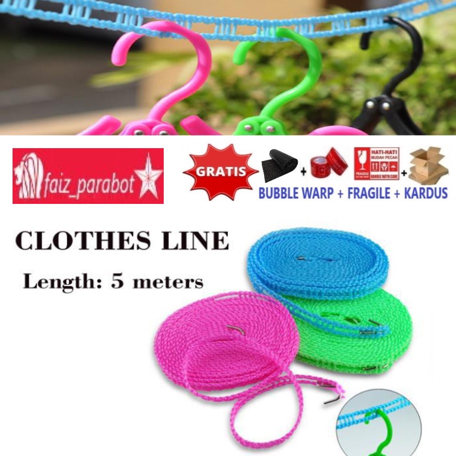 Tali Jemuran Pakaian 5 Meter Super Praktis Gantungan Baju Clothes Line + Hook