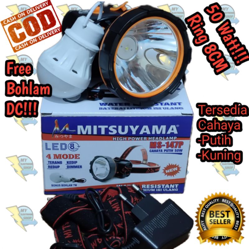 Senter Kepala LED 80Watt/50Watt MITSUYAMA MS-147P/K plus bohlam DC cahaya putih Headlamp 80W/50W Dimmer