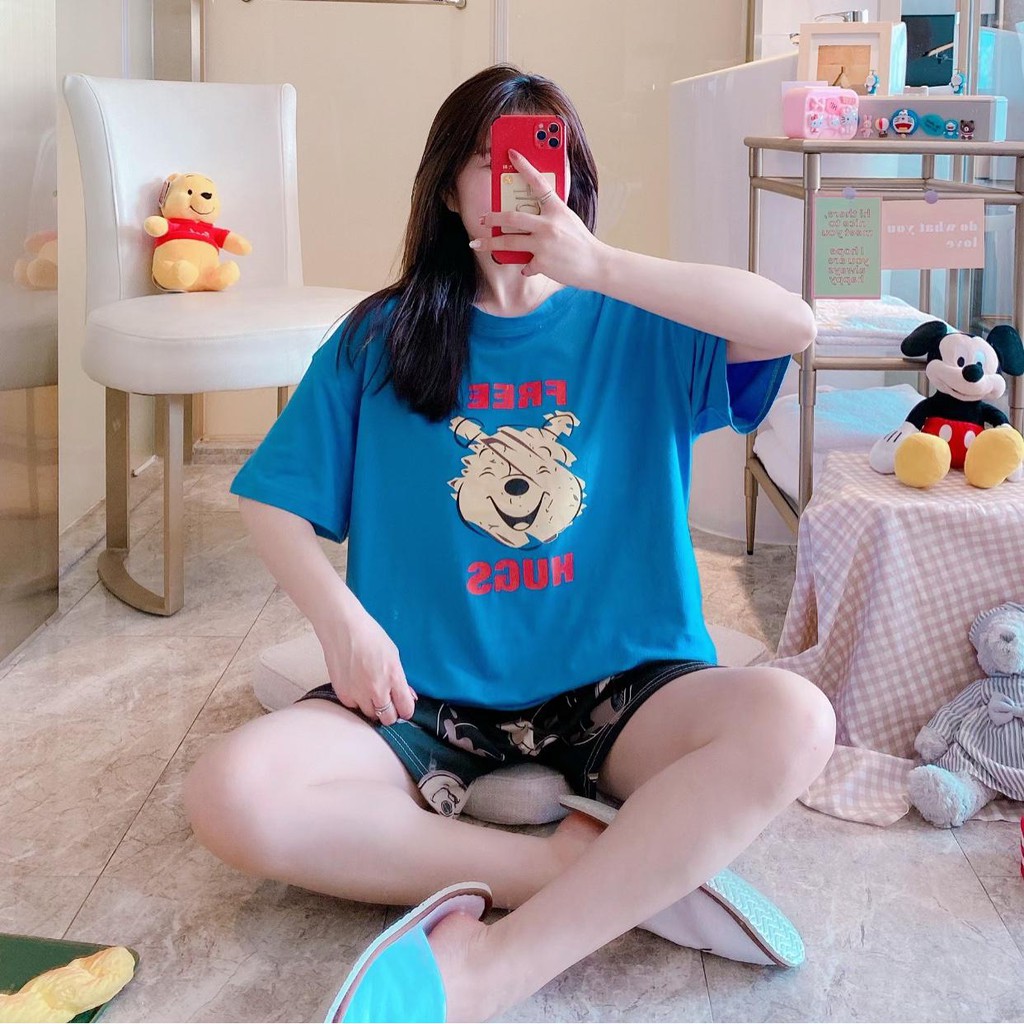 Baju Tidur Piyama Set/Piyama Wanita Import/Baju Piyama Pendek/Short Sleep Wear-J11-Biru Free Pooh