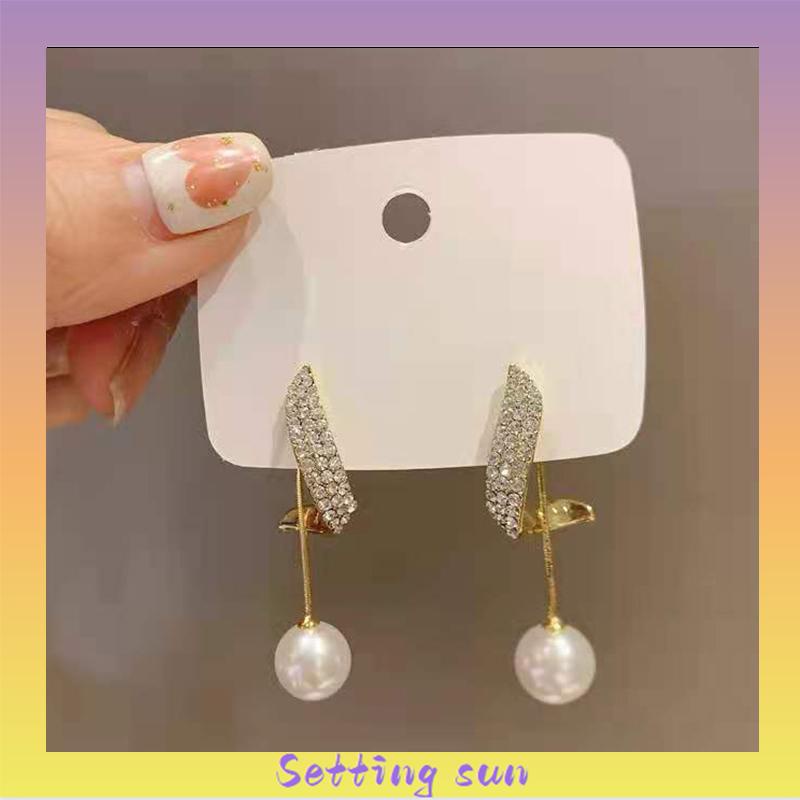 Elegan Berlian Mutiara Fashion Sederhana Temperamen Wanita Anting Rumbai Panjang TN