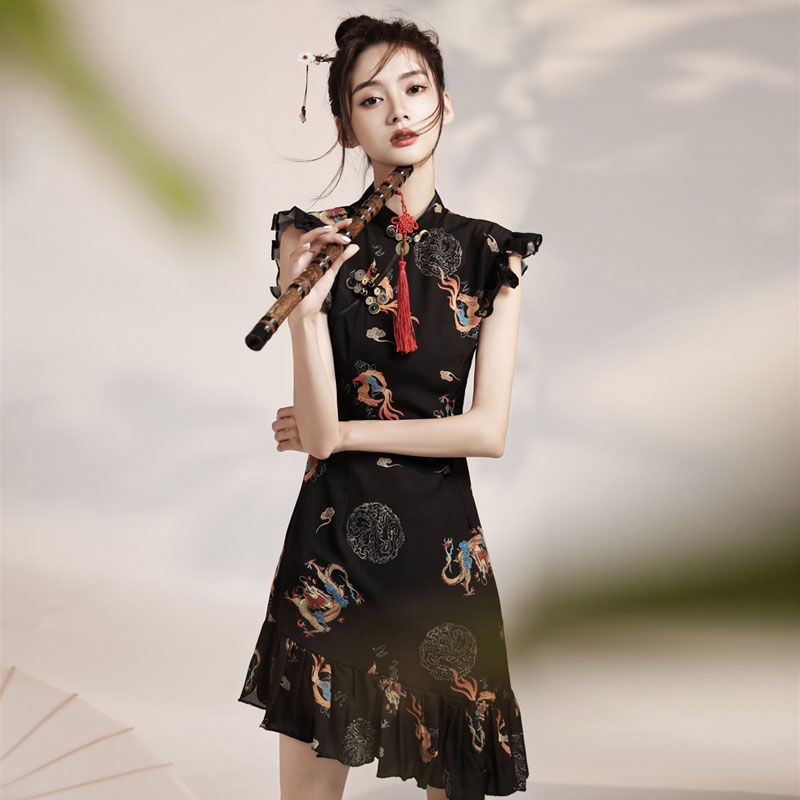 Fishtail cheongsam young girl summer improved version small Chinese style dress bone etching short s