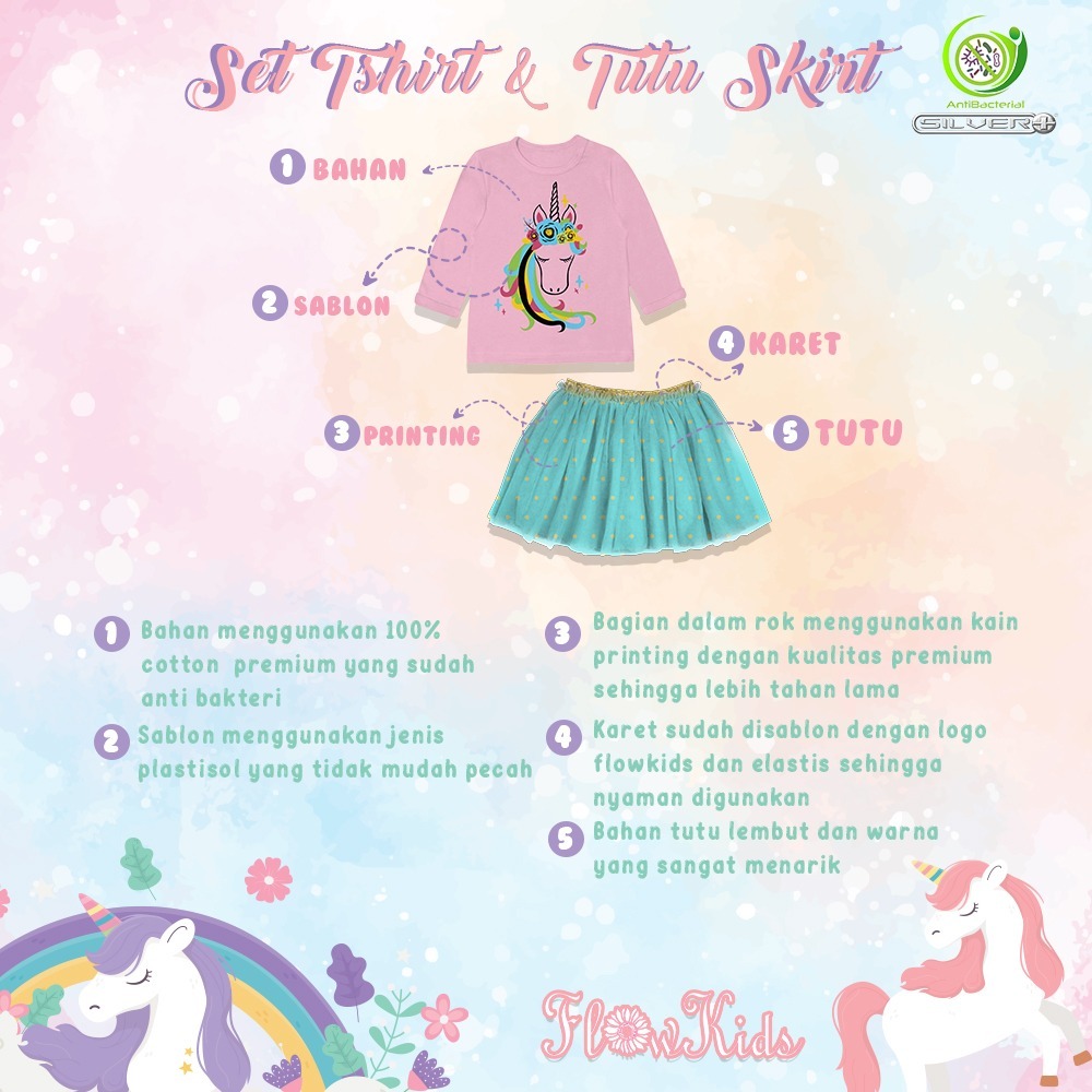 SETELAN ANAK PEREMPUAN ROK TUTU UNICORN FREE SLINGBAG