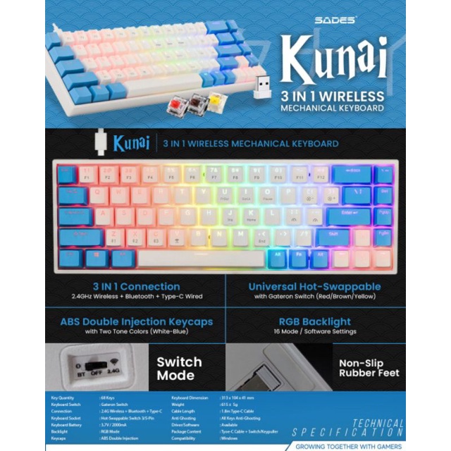 keyboard gaming Sades Kunai SK868 Gateron Hotswap 3in1 Wireless Mechanical Keyboard Triple Connection