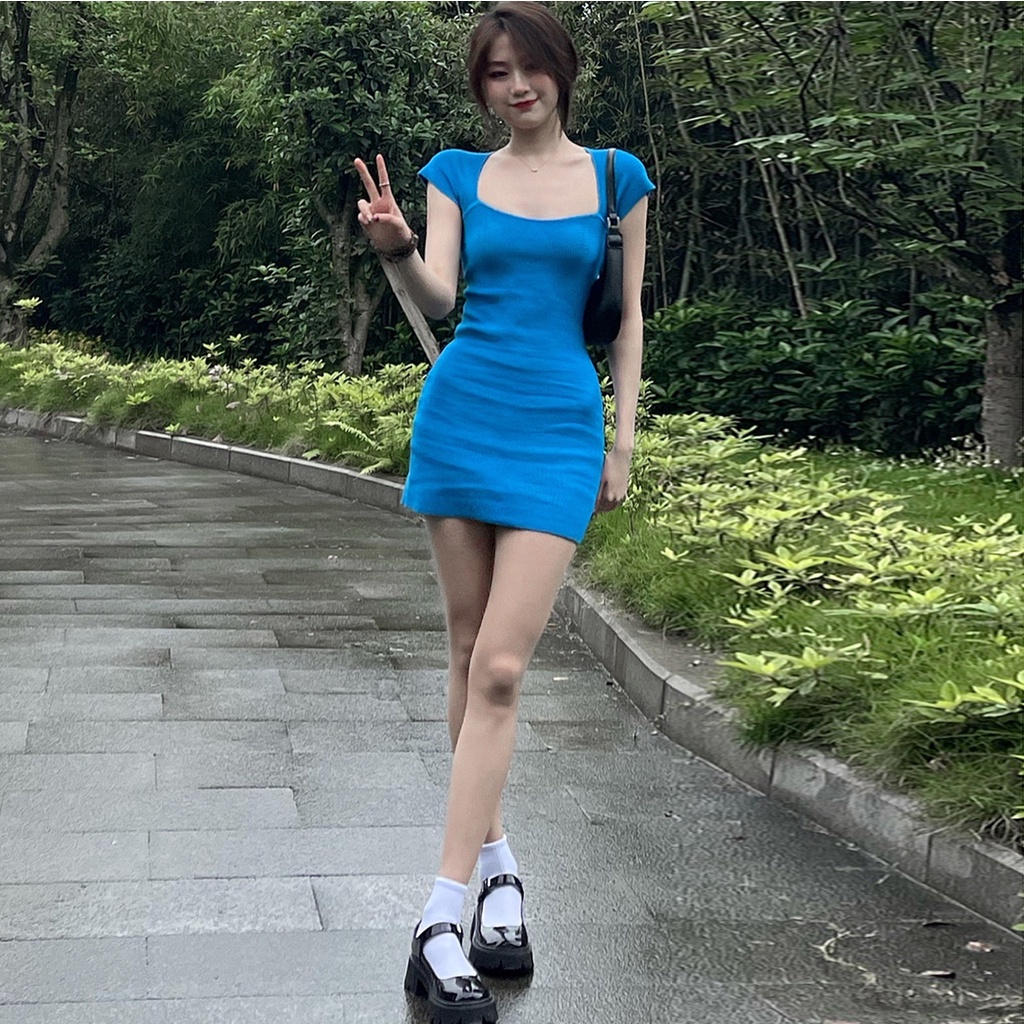 Gadis Panas Korea Biru Rajutan Lengan Pendek Gaun Ketat Wanita Pinggang Slim Seksi Paket Hip Rok Pendek