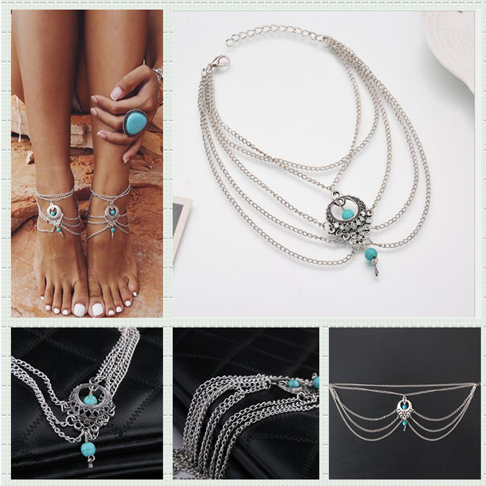 Lily Gelang Kaki Perhiasan Aksesoris Fashion Gaya Pantai Rantai Tipis Aksesoris Etnik Drop Rantai Multi-Lapis Memakai Liontin Pirus Perak Kaki