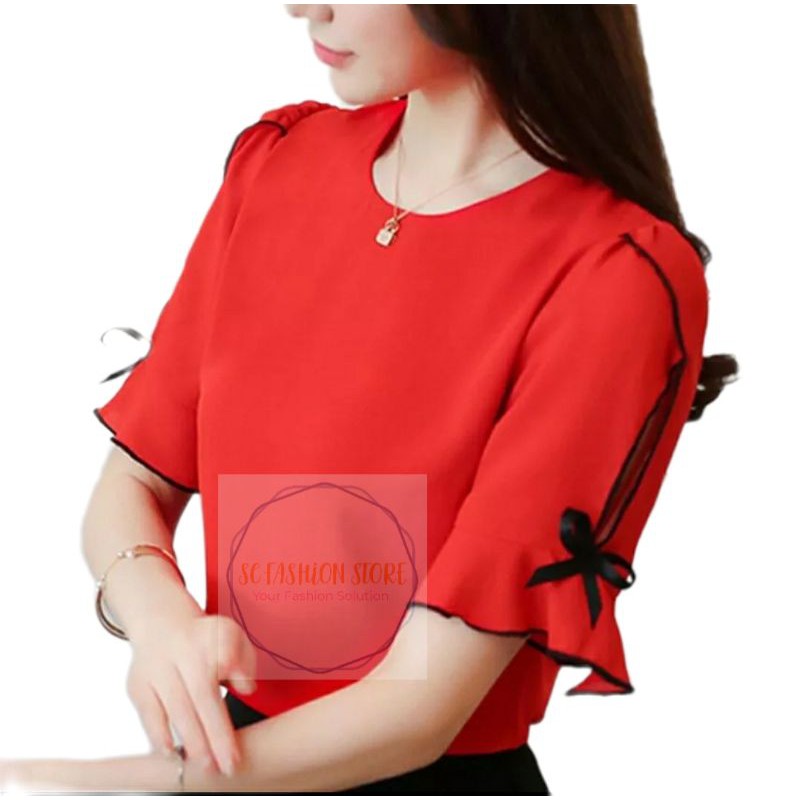 SCFA - NR LENIVA - Blouse Atasan Natal Christmas Wanita Murah Tangan Pita Fashion Trendy Korea Warna