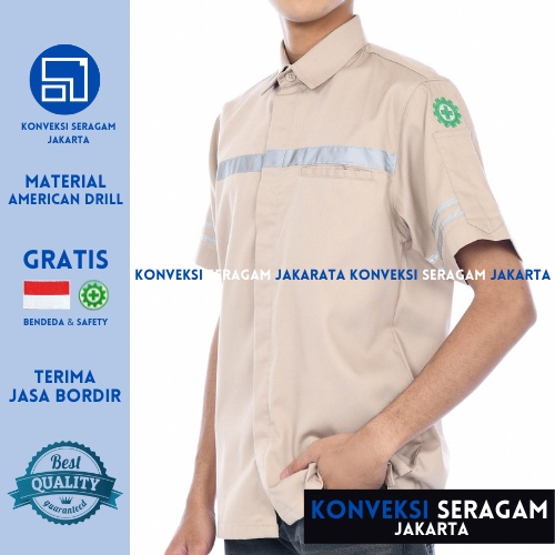 Baju Kemeja Safety K3 Lengan Pendek - Seragam Kerja Atasan Wearpack Werpack Werpak Proyek Tambang Warna Cream Krem Pria Wanita - Konveksi Seragam Jakarta