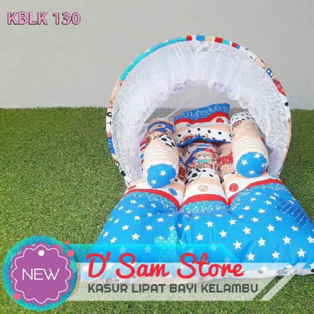 130 | Jual Kasur Lipat Bayi Kelambu Set Bantal Guling Karakter Bear Family Blue Toko Kado Lahiran