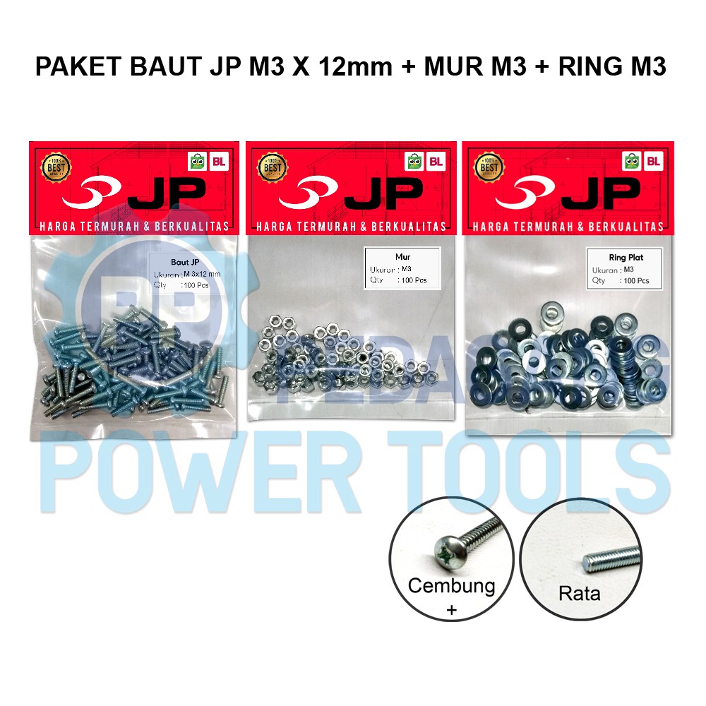 PAKET 3 SET JP M 3x12 BAUT MUR RING PLAT M 3 x 12 MUR M3 ISI 100 PCS