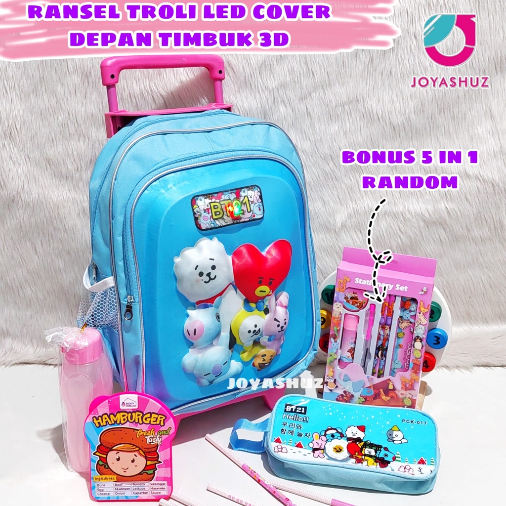 Tas Troli BT 3D LED Anak SD Berbonus - Ransel Troli Timbul LED - Tas Sekolah Anak SD Troli Karakter - Tas Dorong Anak Perempuan SD Gratis Botol Dan Misting - Tas Sekolah Anak Perempuan Karakter Lucu - Joyashuz