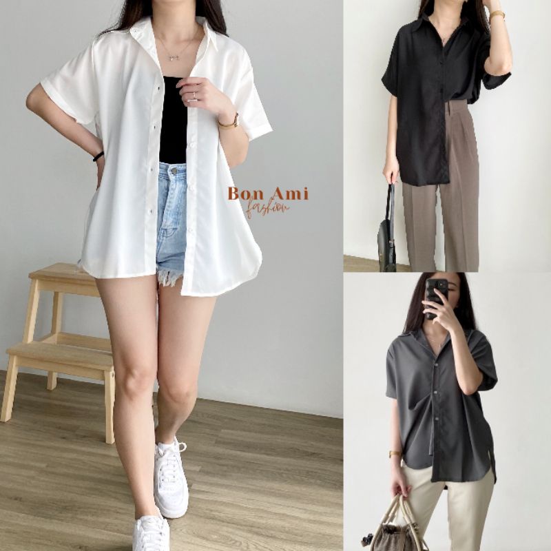 Oversized Shirt Short Sleeve / Kemeja Oversize Lengan Pendek / Kemeja Basic Polos Wanita / Kemeja Ta