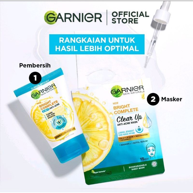 Garnier Bright Complete 3-in-1 Anti Acne Facial Wash Skin Care 90 ml | Wajah Cerah Bebas Jerawat