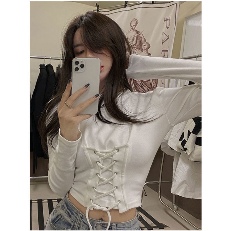 Suhao Musim Semi Baru Short Top Wanita Slim Fit Cross-Band Lengan Panjang T-Shirt Crop Layered Underwear