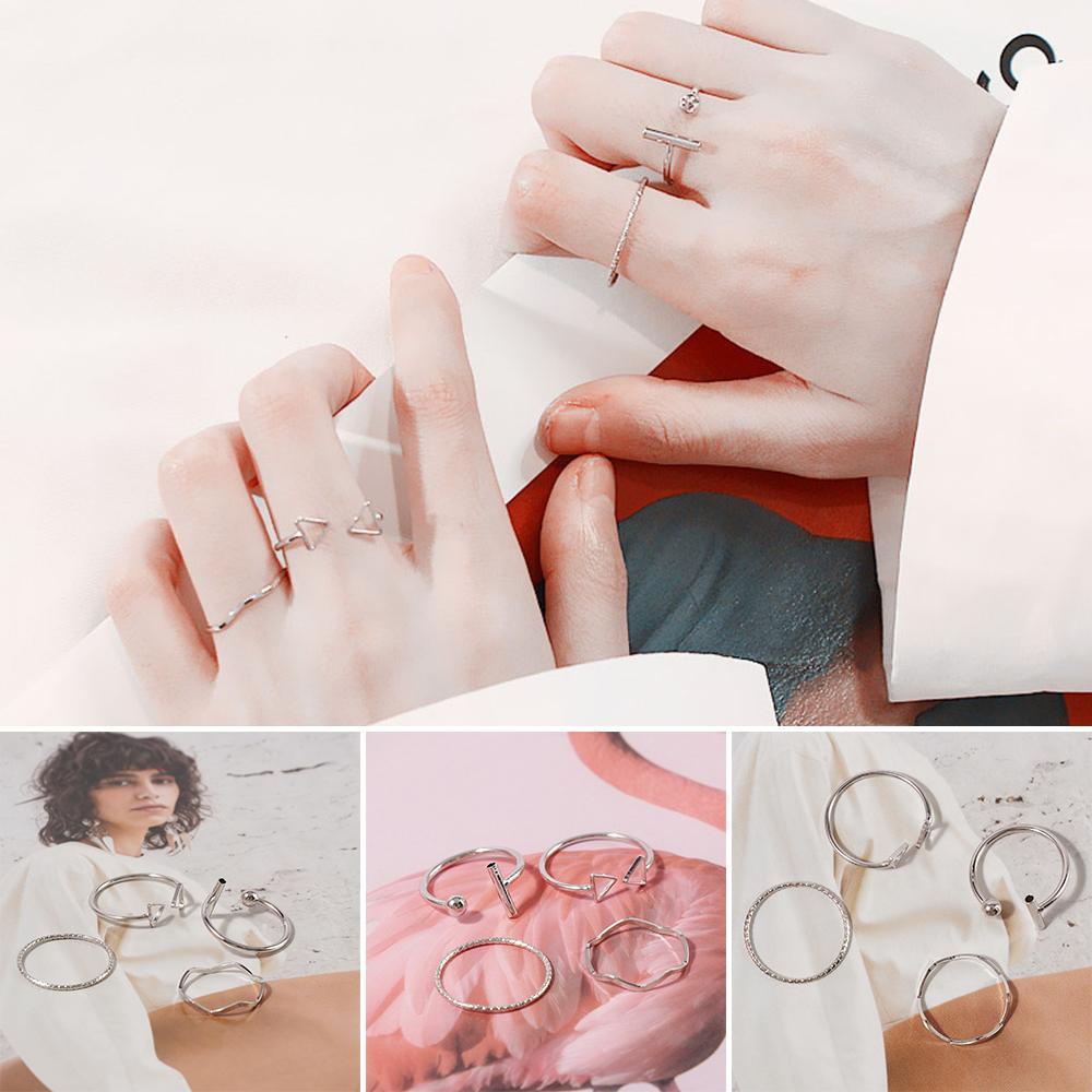 R-flower 4Pcs/Set Cincin Kawin Pertunangan Hari Valentine Hadiah Berongga Segitiga Perak Kesederhanaan Adjustable Open Ring