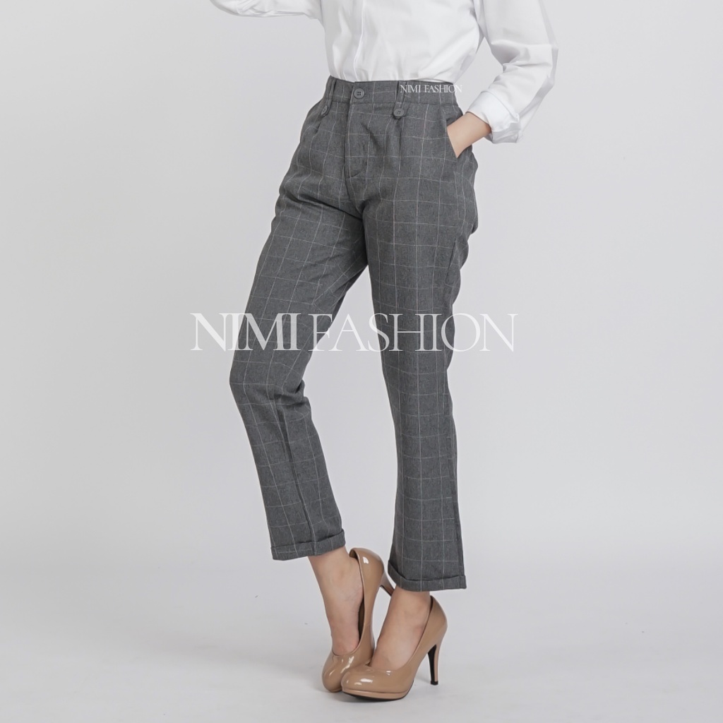 NIMI - Celana Tartan Wanita Bawahan Baggy Pants Kotak Wanita Pinggang Karet