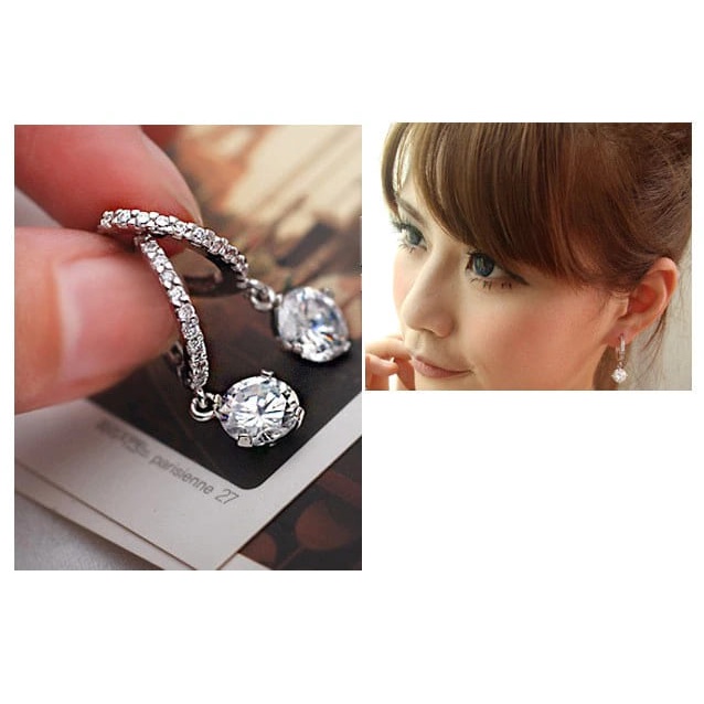 Anting Tusuk Silver Gantung Kristal Permata Solitare Elegan 1 Pasang ala Wanita Korea Dalika
