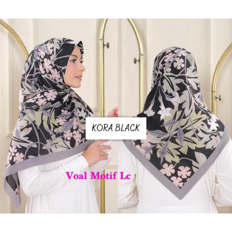 Jual Hijab Denay Motif Kora Black Jilbab Segi Empat Voal Premium Square Lasercut Indonesia 2056