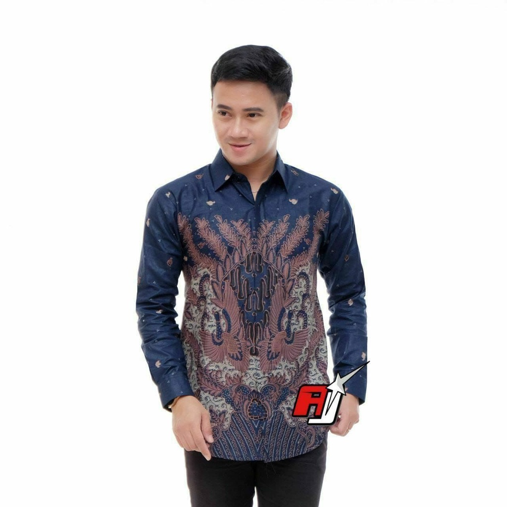 Atasan Batik Pria Lengan Panjang Kenongo Hem Padi Pekalongan M L XL-KMJ-NARUTO NAVY