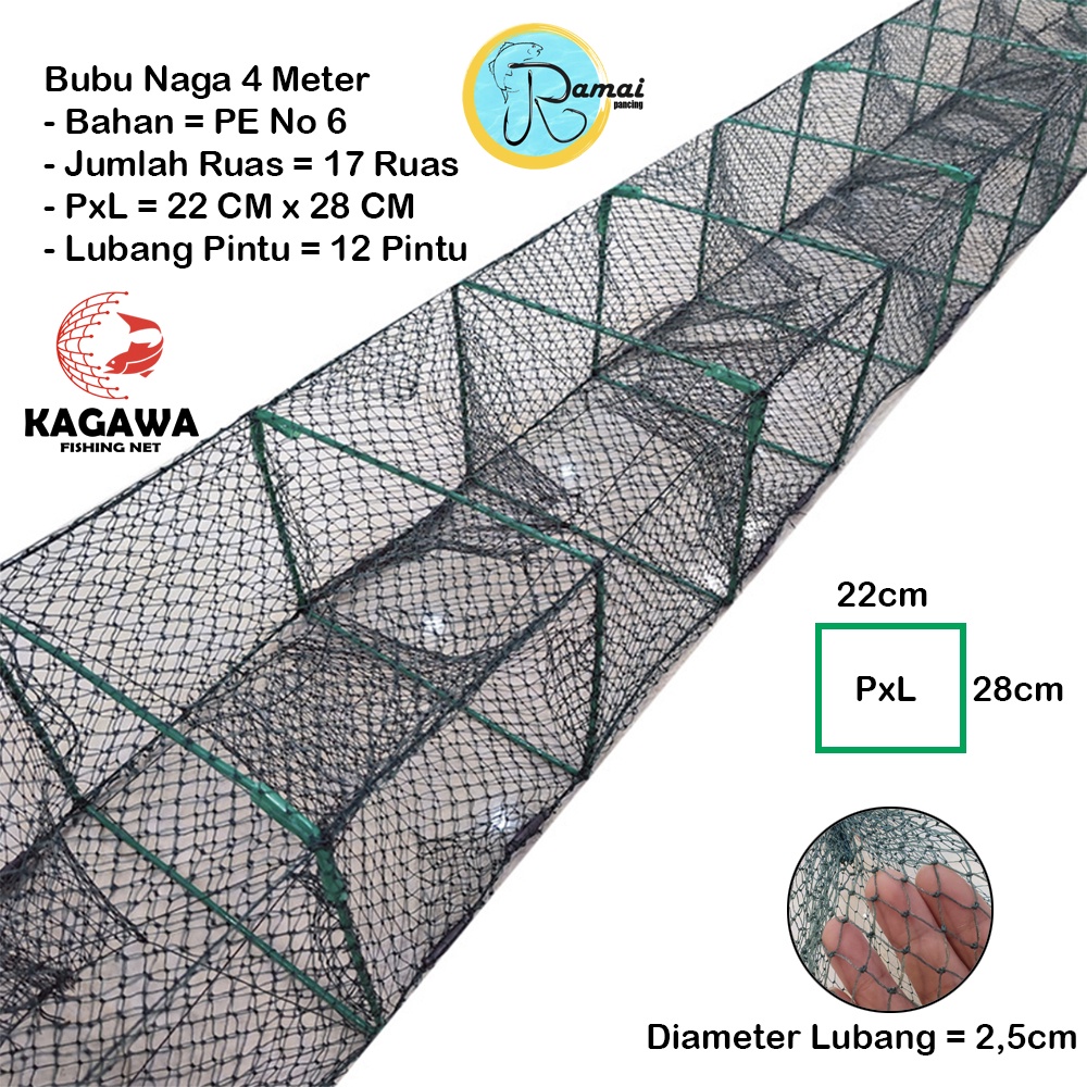 Jaring Bubu Naga 4 Meter Kagawa Fishing Net Jaring Udang 12 Lubang Bahan PE 17 Ruas Ramai Pancing