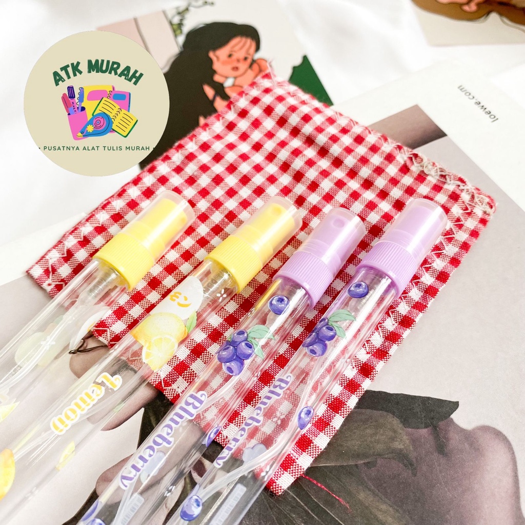 

Pulpen semprotan parfum BUAH FRUITS pena pen spray decant share in jar parfum 5ml kado unik alat tulis lucu