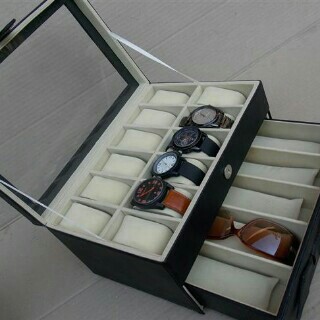 2KG BLACK CREM - Kotak Jam Tangan isi 12 Mix Kacamata / Watches Box and Glasses Box Organizer