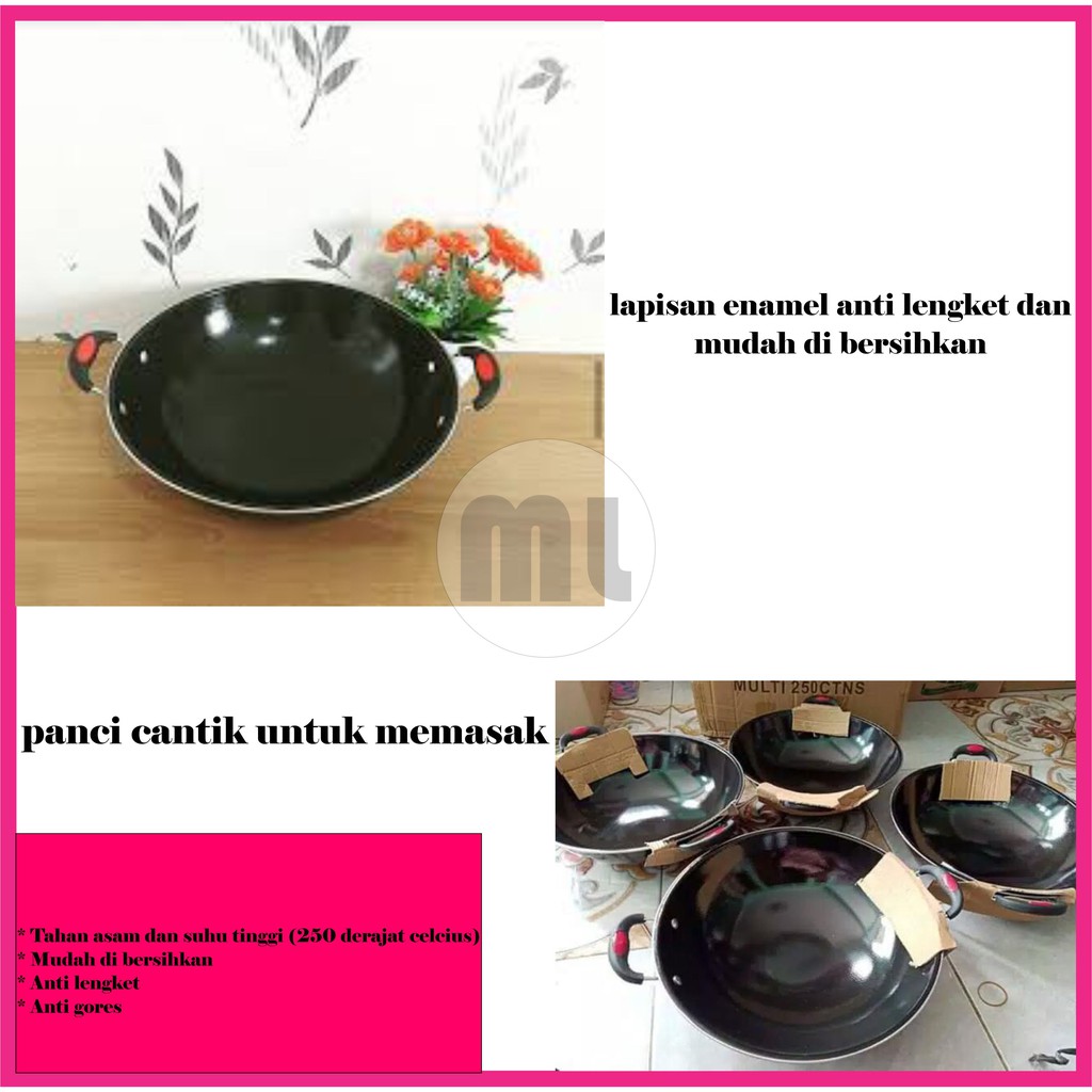 Enamel Wajan Wok 34 cm Anti Lengket Anti Gores - Hitam