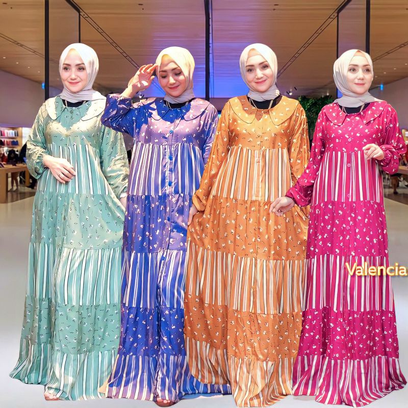 Gamis Terbaru Salur Flower Rayon Premium Dress Wanita Lengan Panjang Longdress Salur Bunga LD 110 cm