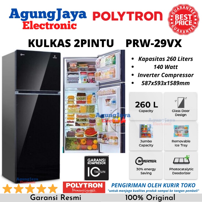 KULKAS POLYTRON PRW-29VX INVERTER LEMARI ES 2 PINTU TEMPERED GLASS 260 LITERS (CILEGON SERANG)