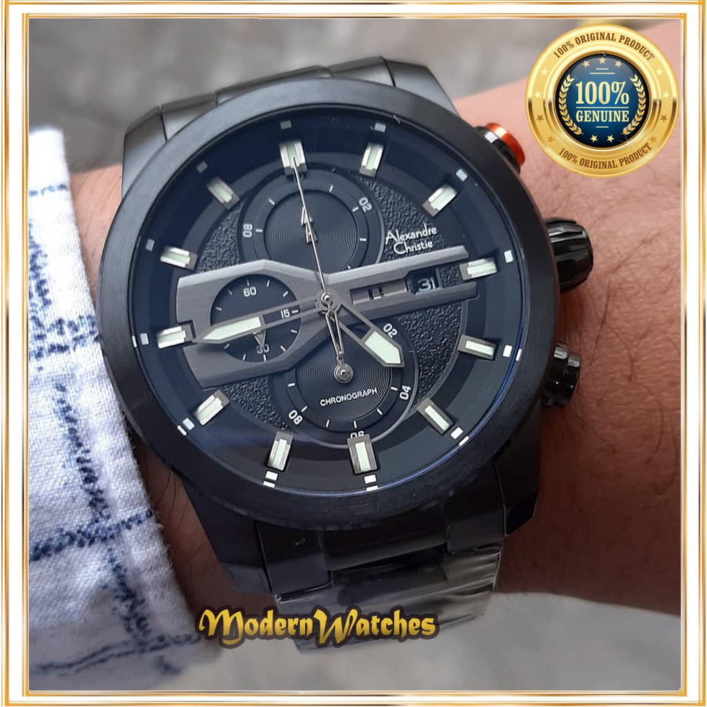 Jam Tangan Ori Pria Sporty Alexandre Christie AC 6559 Full Black Red Merah Hitam Rantai 6270 Laris