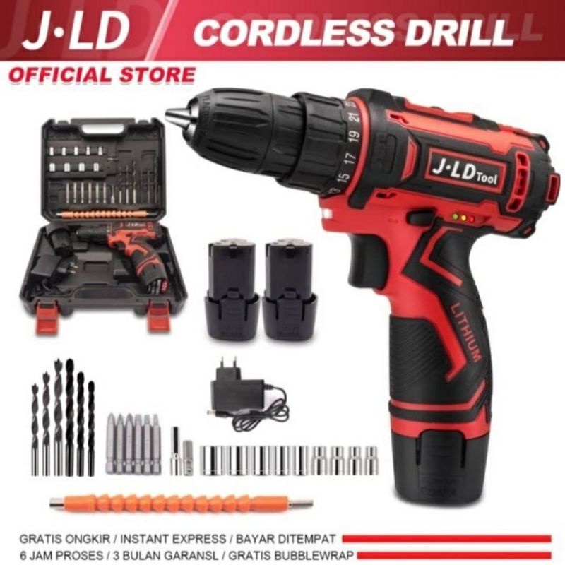 Bor batrei JLD 12V merah cordless drill 2batrei bor obeng sekrup bolak balik japan technology