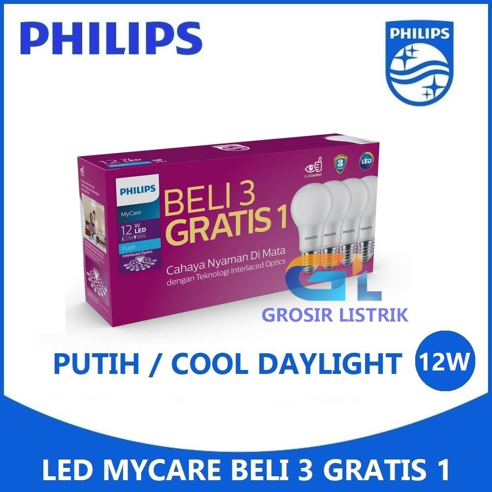 Lampu Philips LED Bulb MyCare Multipack 12W Putih (Paket 12 Watt W Beli 3 Gratis 1) LEDBulb Grosir