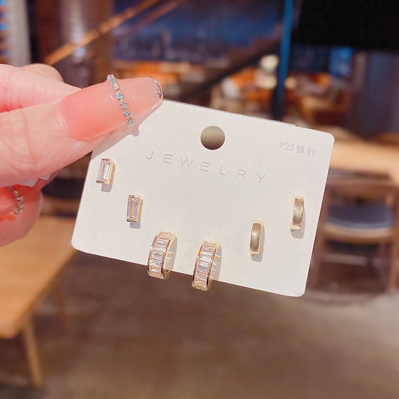 Shuling 3 Pasang / Set Anting Tusuk Silver S925 Aksen Zircon Untuk Perhiasan Wanita