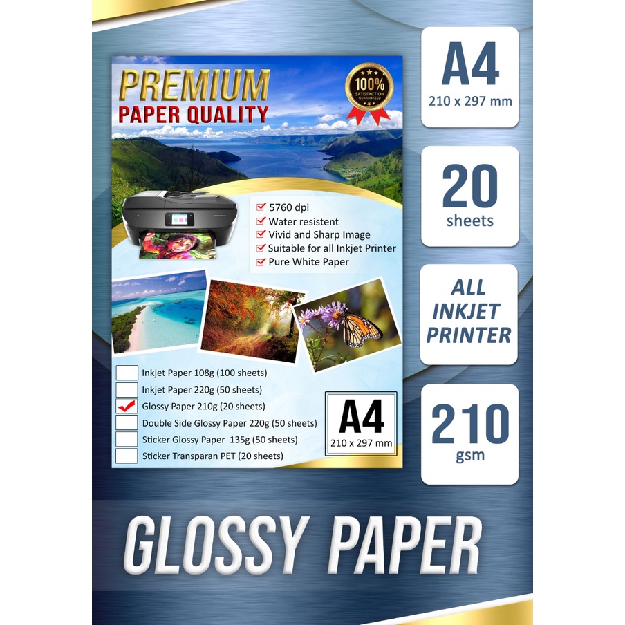 20 Lembar Glossy Photo Paper Kertas Foto Glossy A4 210gr