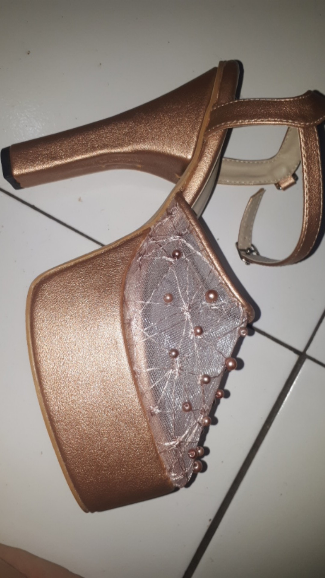 Sepatu Purri Rosegold Abstrak Lace Mutiara Tabut Tinggi 12cm