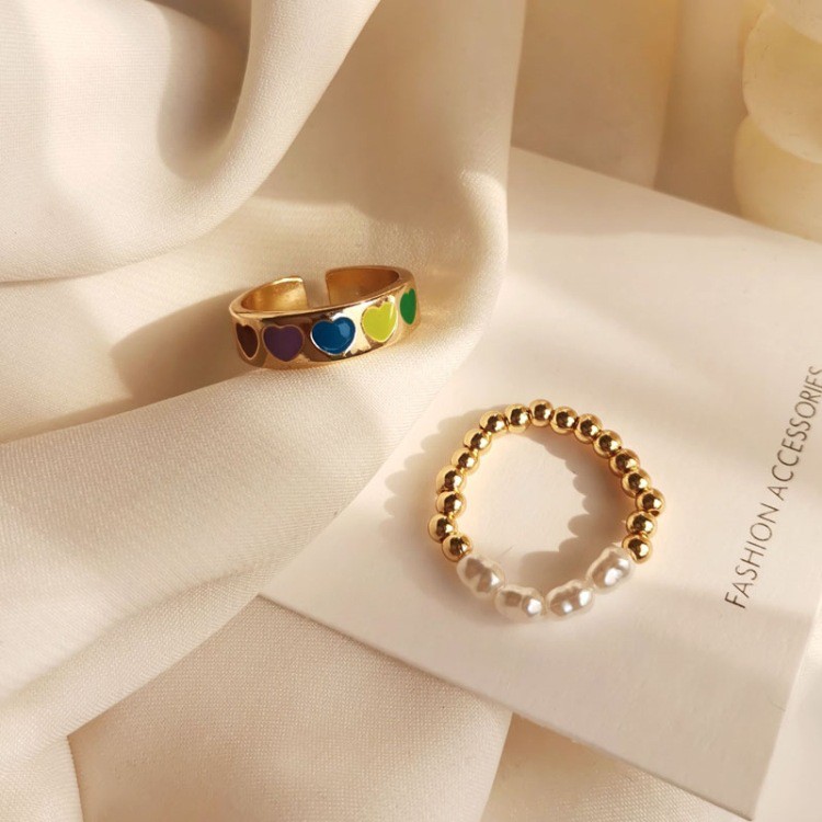 2pcs Cincin Jari Telunjuk Bentuk Hati Warna-Warni Aksen Mutiara