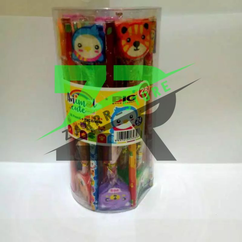 

24 PCS 1 POT Pensil 2B Big + Penghapus Karakter Animal Cute