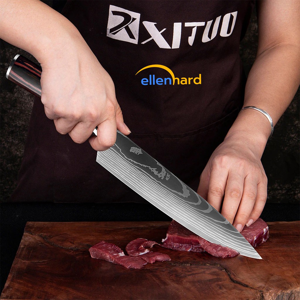 Pisau Baja Dapur Daging Super Tajam Stainless Steel Piso Damaskus Pattern Paring Santoku Chef Knife