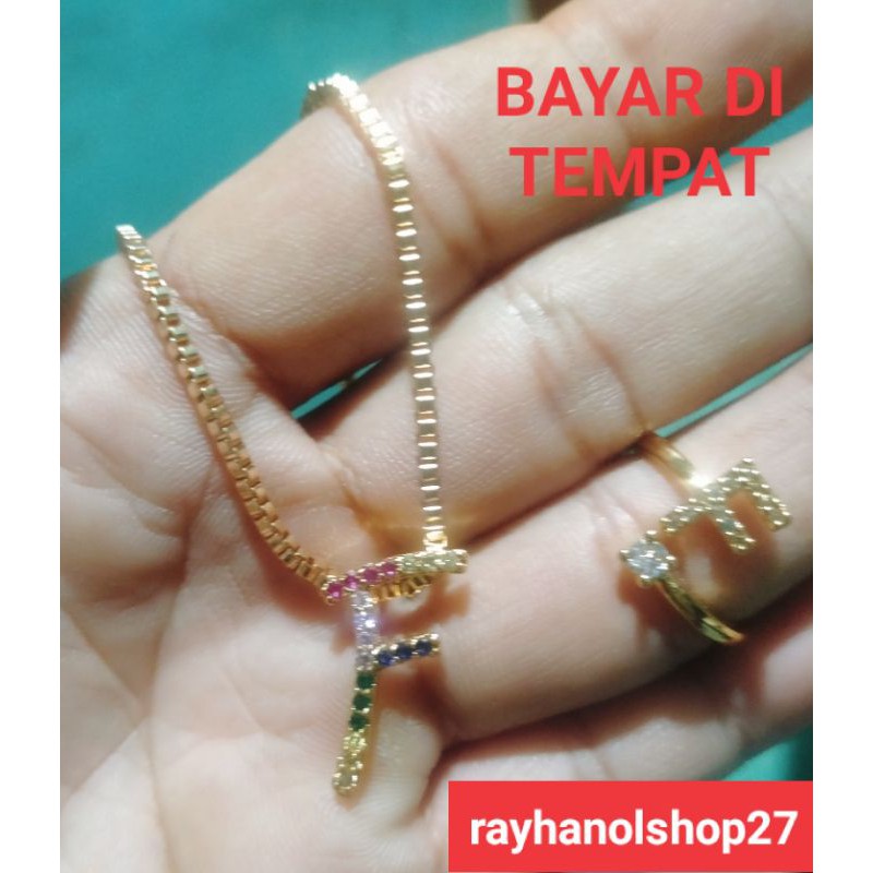 SET KALUNG CINCIN HURUF A-Z PERMATA CANTIK LAPIS EMAS GOLD