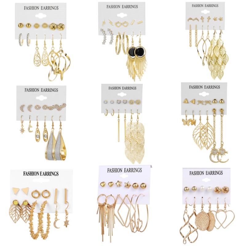 6 Pasang / Set Anting Drop Bahan Logam Warna Emas Gaya Elegan Untuk Wanita