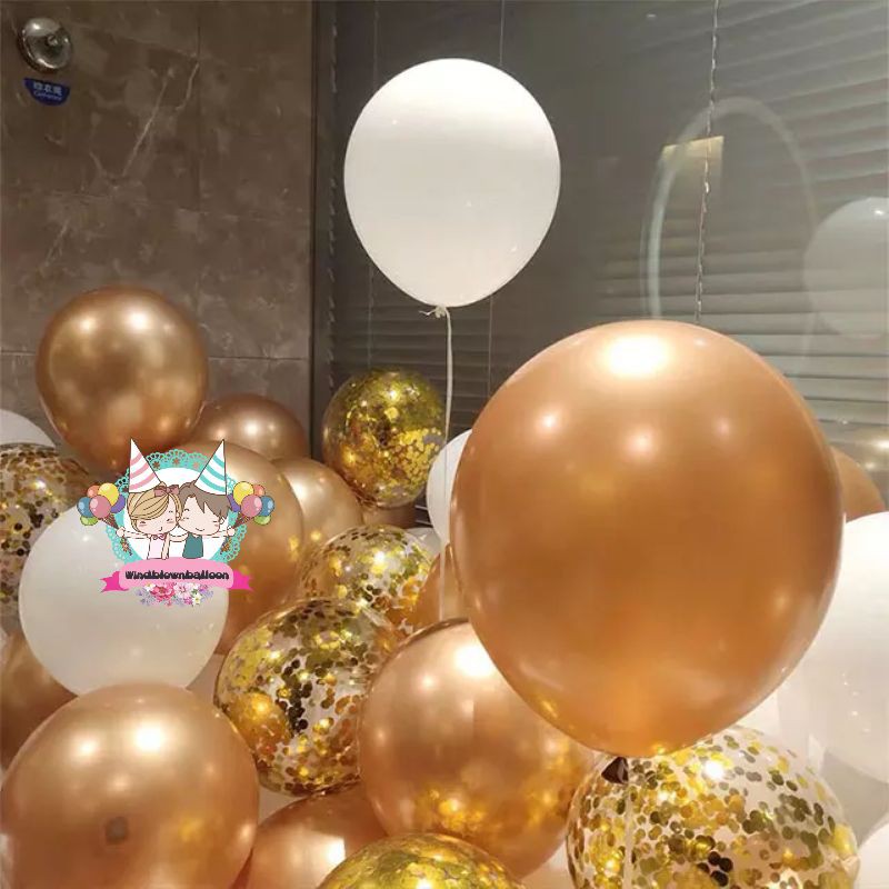 WINDBLOWN BALON SET PAKET DEKORASI LATEX LATEKS METALIK GOLD PUTIH & CONFETTI GOLD