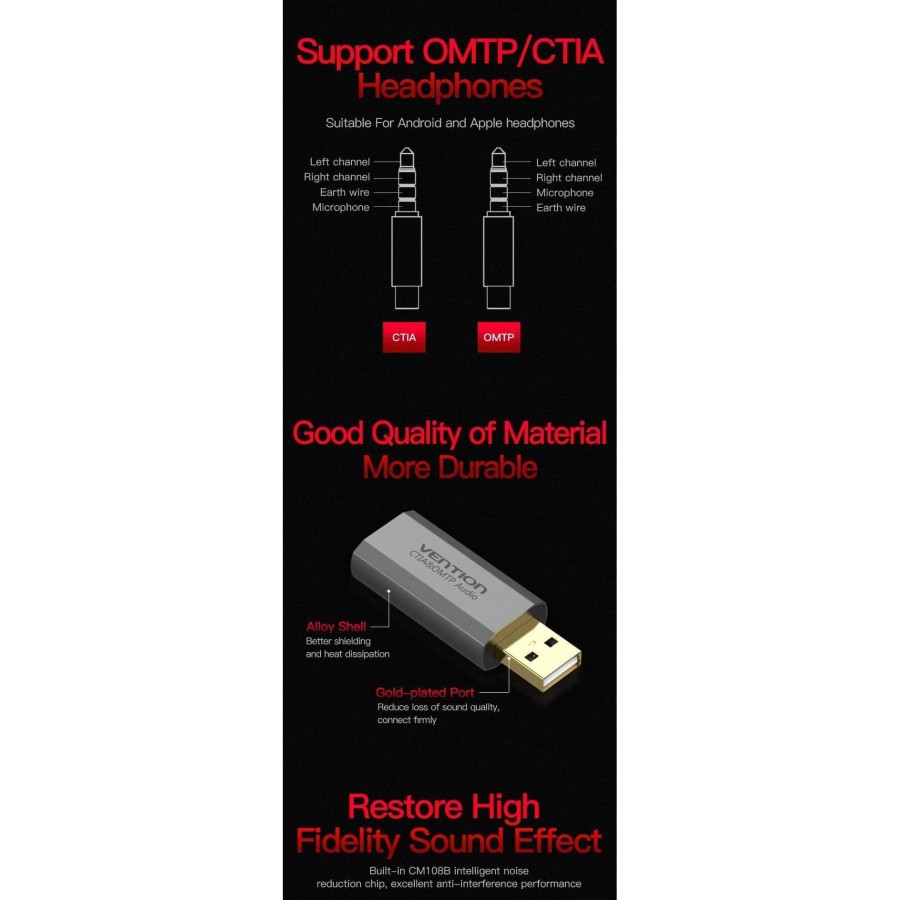 Vention S19 Universal External USB Sound Card Single Hole CTIA OMTP