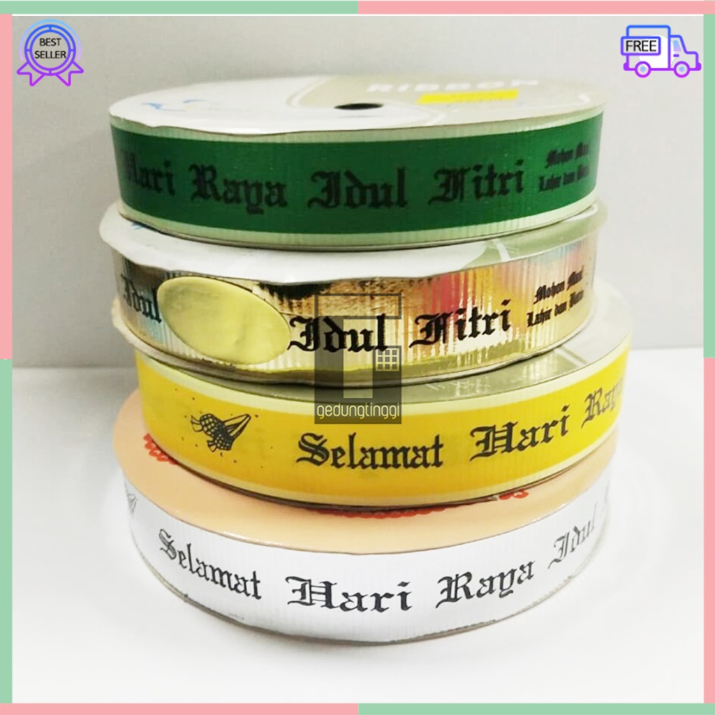 Pita Ribbon Bungkus Packaging Kado Box Kotak Tutupan Tutup Toples Kue Hampers Parcel Parsel Satin Jepang Tulisan Lebel Label Serut Lebaran Selamat Hari Raya Idul Fitri Eid Mubarak Per 1 Satu Roll Rol Hijau Green Kuning Emas Gold Silver Perak Murah