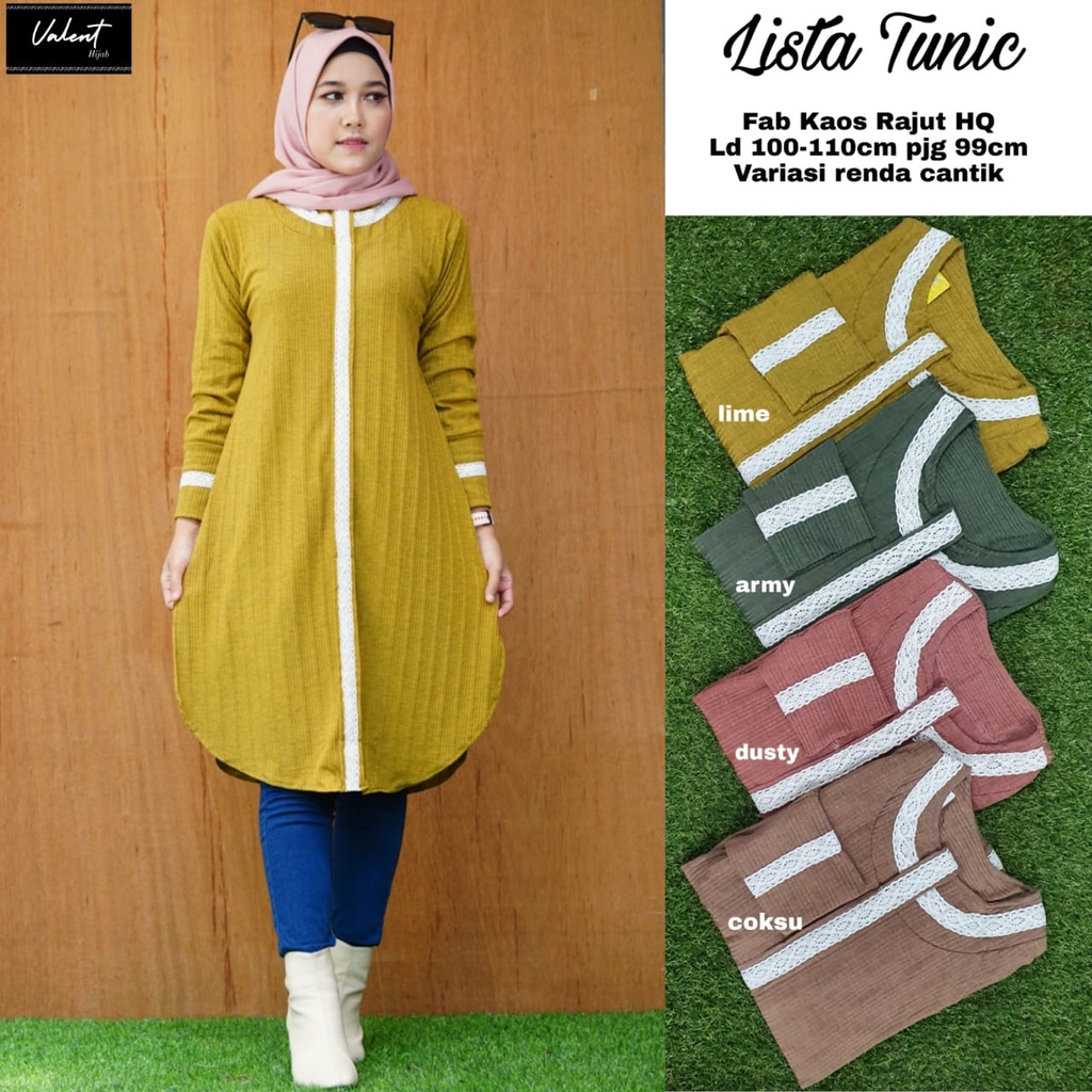 LISTA TUNIC BY VALENT TOP ATASAN WANITA MUSLIMAH CASUAL TUNIK RAJUT JUMBO KAOS RAJUT HQ LD 110 CM FI