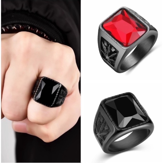 Cincin Pria Red Ruby Akik Merah Black Plated Titanium Stainless Steel Anti Karat High Polishing