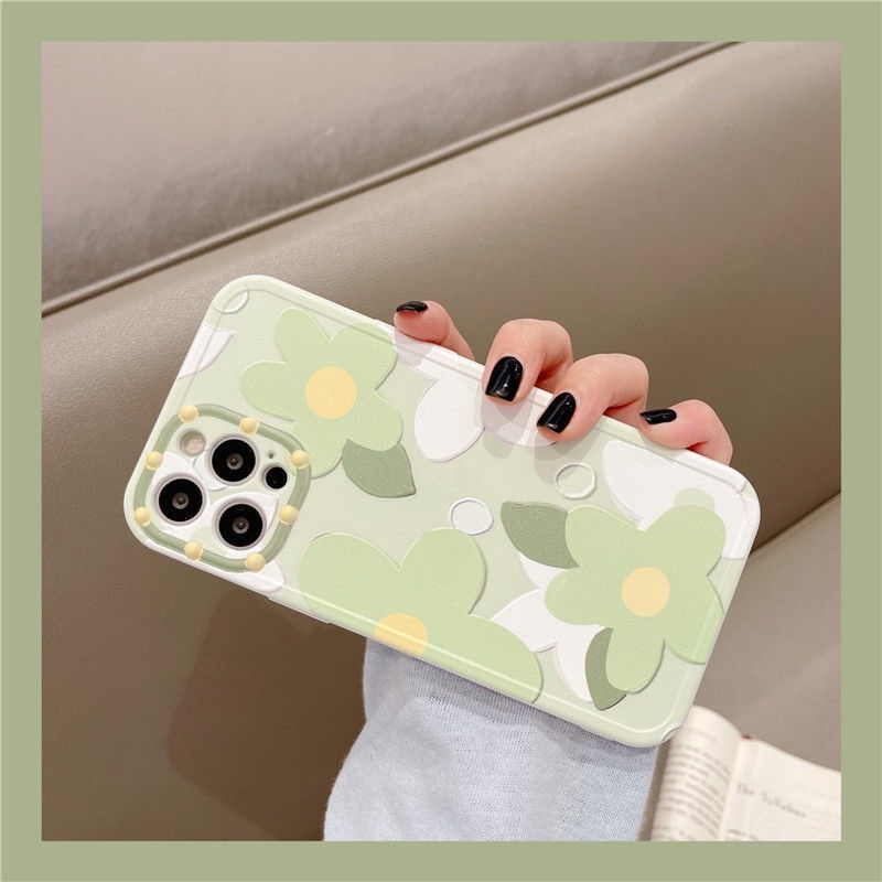 Case Silikon Motif Tiga Bunga Hijau 3d Untuk IPhone 11 12 13 Pro Max X Xs Xr XsMax 7 8 Plus