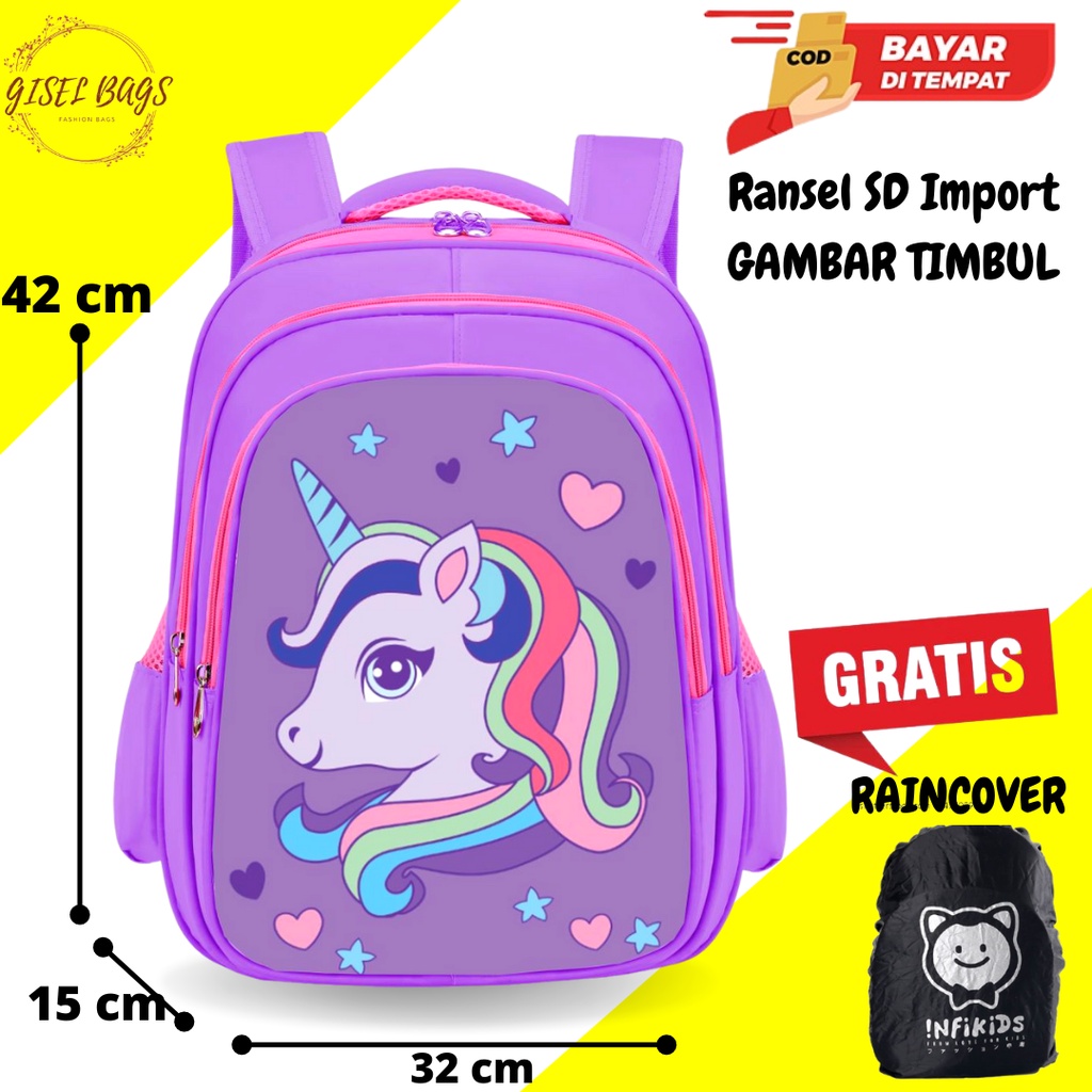 GB Tas sekolah anak perempuan SD ransel anak import gambar timbul  gratis raincover tas